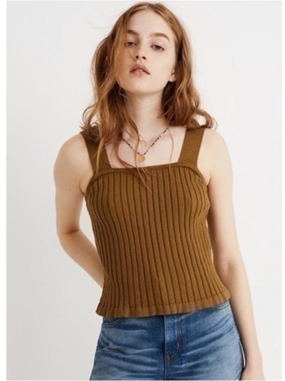 Madewell Tilney Ribbed Sweater Square-Neck Tank Olive Green Medium